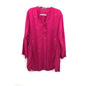 Vintage70s 80s  Adini hot pink popover tunic top mirror boho India imports XL